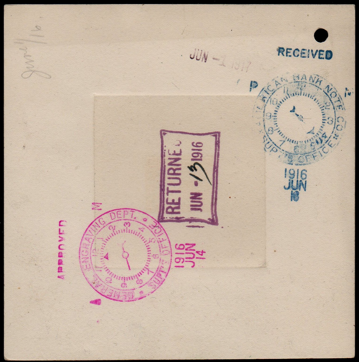 ABN Co. stamp archive working die proof of 50c - back - timbres-poste Briefmarken stamps El Salvador Tram Trolley Tranvia National Theatre teatro nacional 